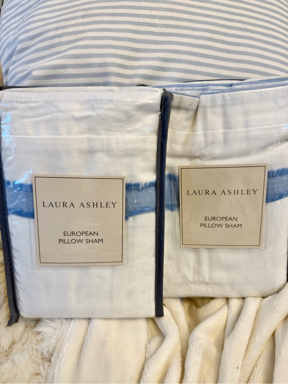 NWT PAIR of Laura Ashley White European Shams with Blue Trim